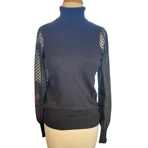 Romantic Marled Turtleneck Sweater Sheer Lace Sleeves Black SM Elegant Knit Top